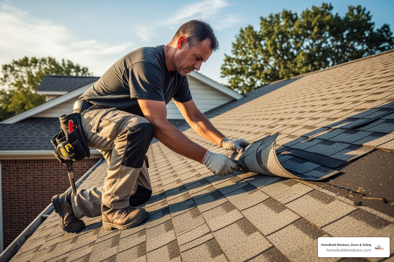 roofer inspecting damaged shingles - roof replacement repair