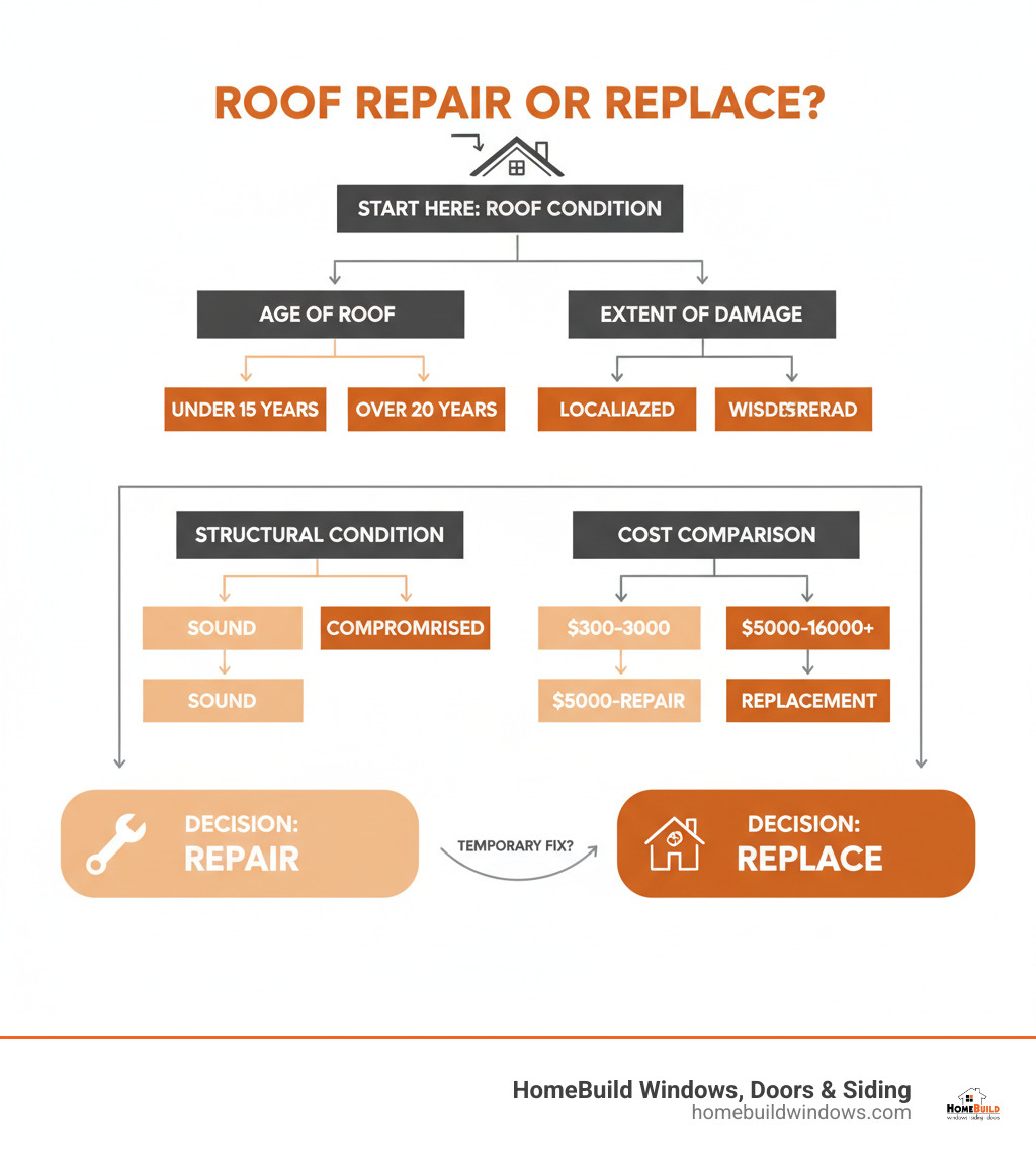 Infographic showing decision tree for roof replacement repair: Age of roof (under 15 years vs over 20 years), extent of damage (localized vs widespread), structural condition (sound vs compromised), and cost comparison ($300-3000 repair vs $5000-16000 replacement) - roof replacement repair infographic 