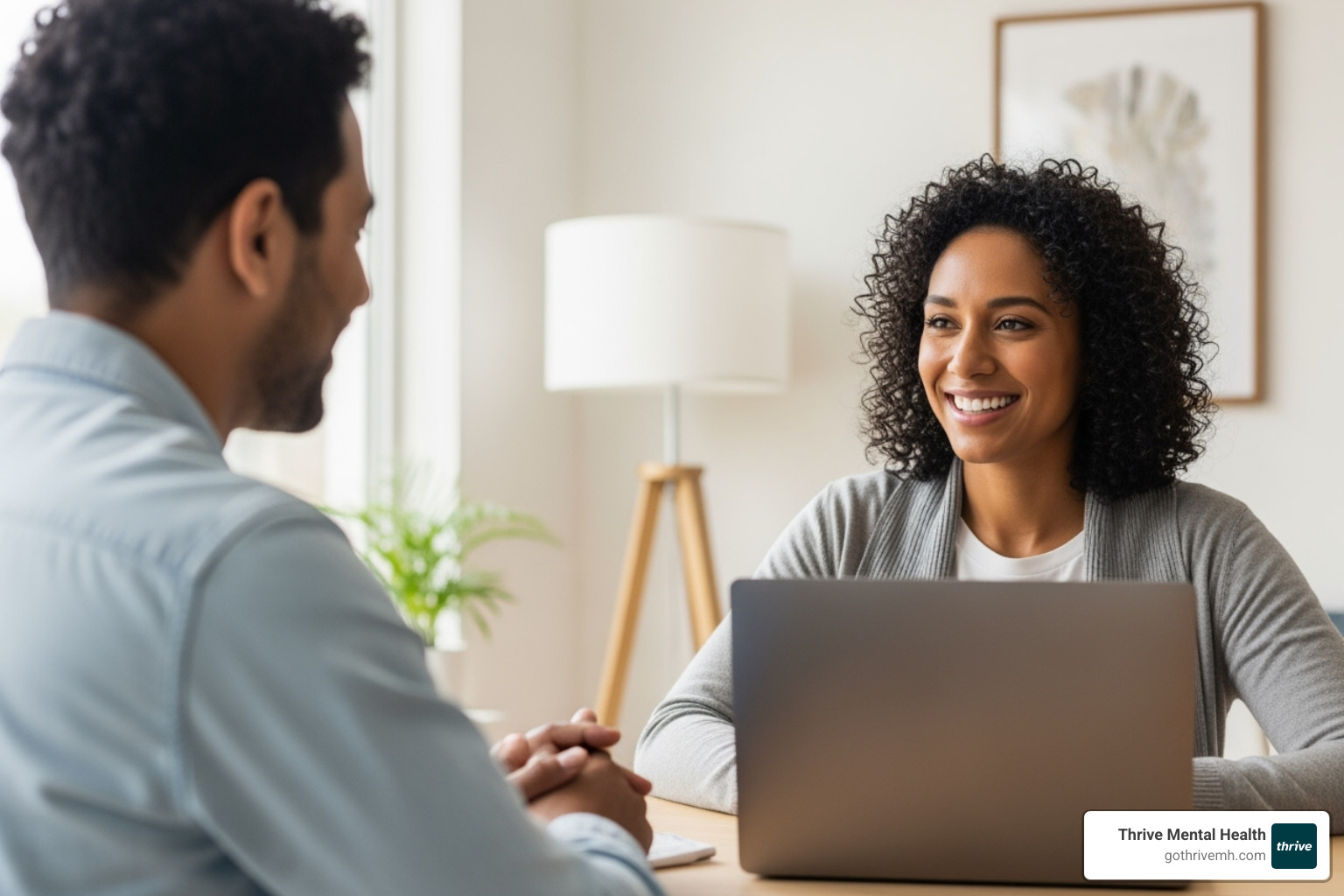 A patient having a positive telehealth consultation with a psychiatrist, smiling and engaged. - Psychiatry, Medication Management A patient having a positive telehealth consultation with a psychiatrist, smiling and engaged. - Psychiatry, Medication Management