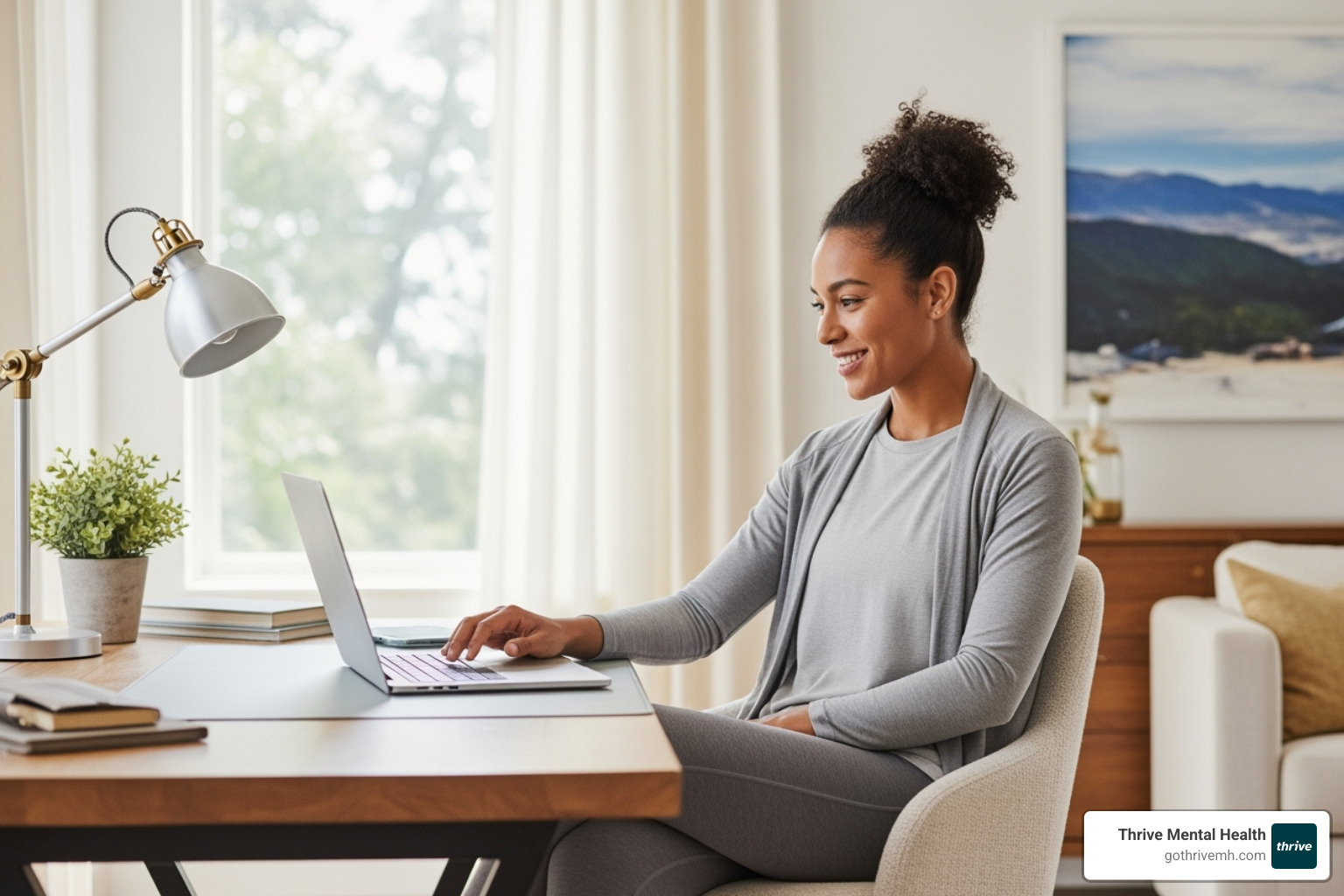 A person confidently looking at a laptop screen, researching mental health providers, with a sense of calm and determination. - Psychiatry, Medication Management A person confidently looking at a laptop screen, researching mental health providers, with a sense of calm and determination. - Psychiatry, Medication Management