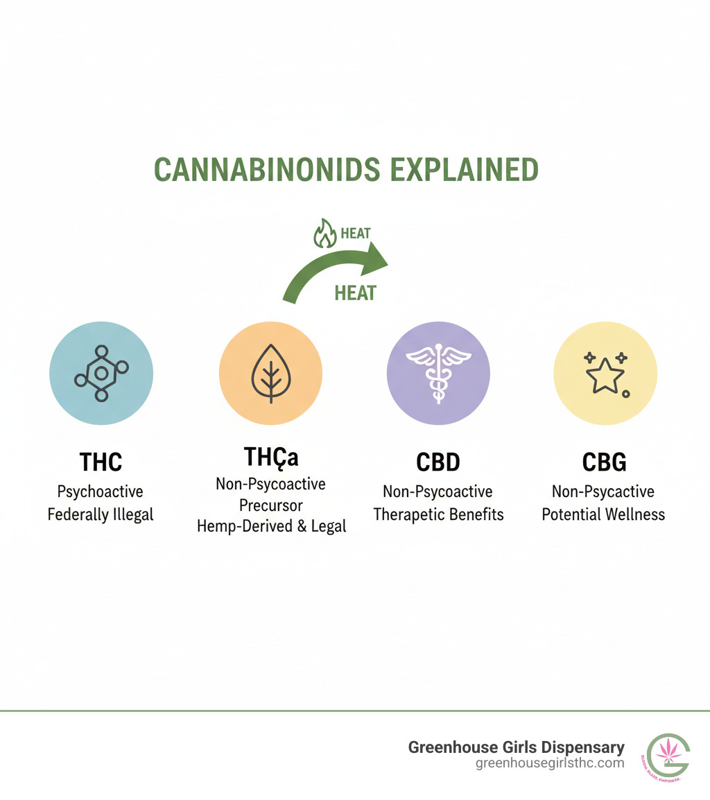 infographic showing the main cannabinoids in cannabis including THC (psychoactive, federally illegal), THCa (non-psychoactive precursor, hemp-derived and legal), CBD (non-psychoactive, therapeutic), and CBG (non-psychoactive, potential wellness benefits), with arrows showing THCa converts to THC when heated - hemp derived THCa infographic infographic showing the main cannabinoids in cannabis including THC (psychoactive, federally illegal), THCa (non-psychoactive precursor, hemp-derived and legal), CBD (non-psychoactive, therapeutic), and CBG (non-psychoactive, potential wellness benefits), with arrows showing THCa converts to THC when heated - hemp derived THCa infographic