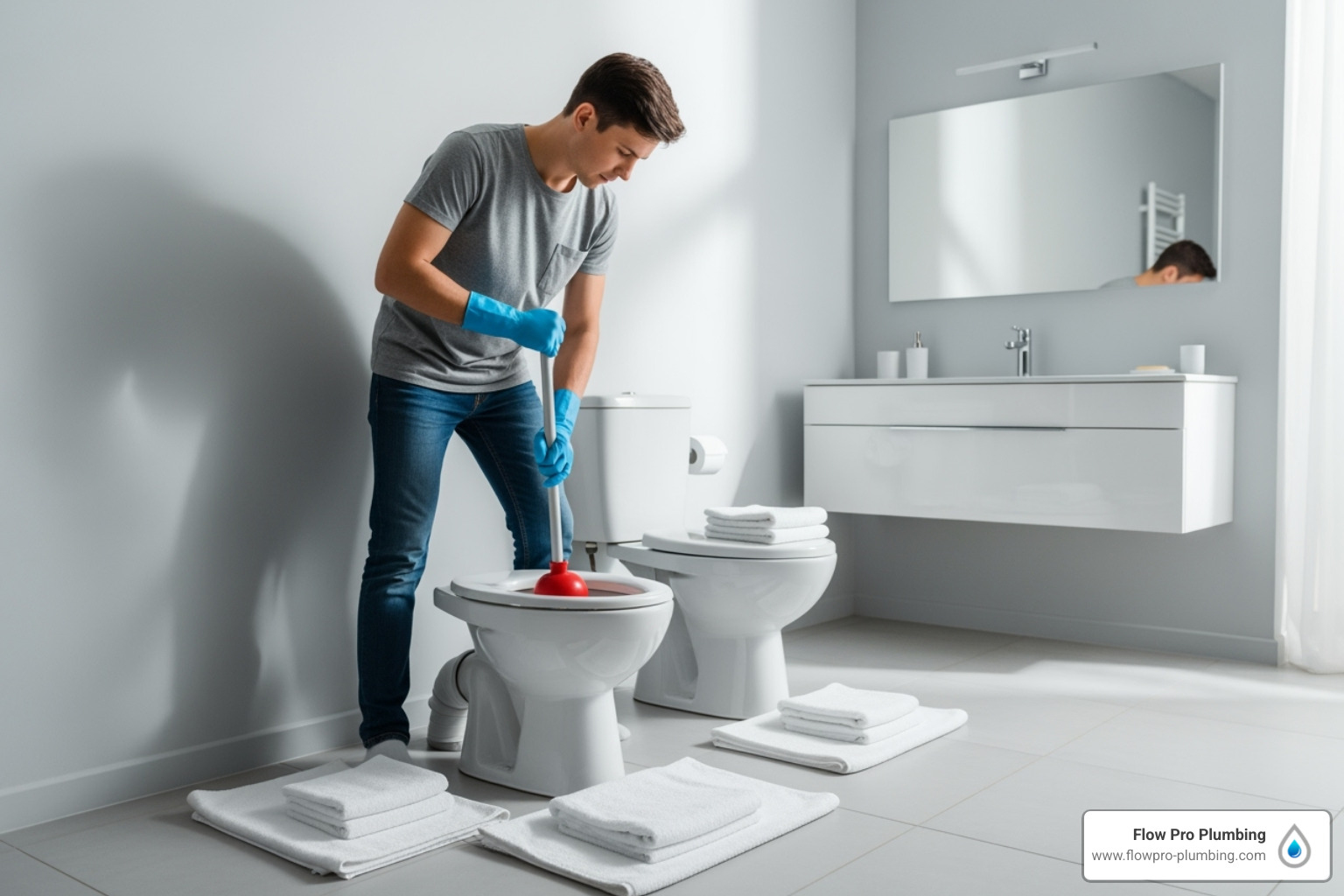 person preparing to plunge a toilet with gloves and towels on the floor - clogged toilet repair person preparing to plunge a toilet with gloves and towels on the floor - clogged toilet repair