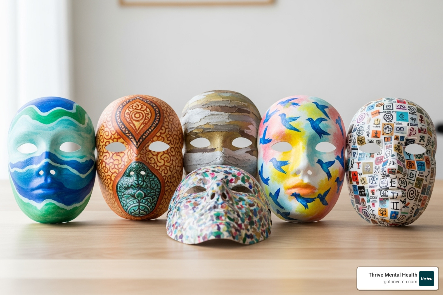 various decorated masks representing different emotions - art therapy group activities