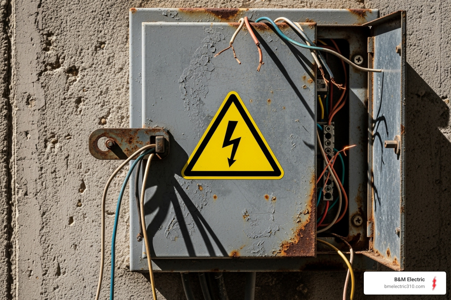 Image of a dangerous, outdated electrical panel with a warning symbol overlay - electrical panel upgrade torrance