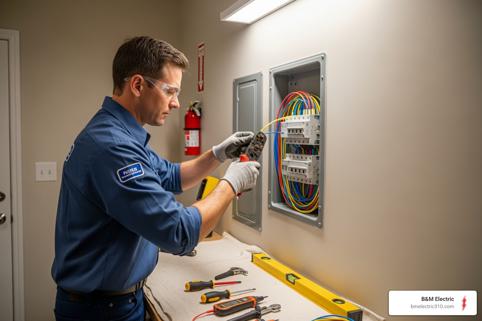 Image of a certified electrician neatly installing a new electrical panel in a Torrance home - electrical panel upgrade torrance