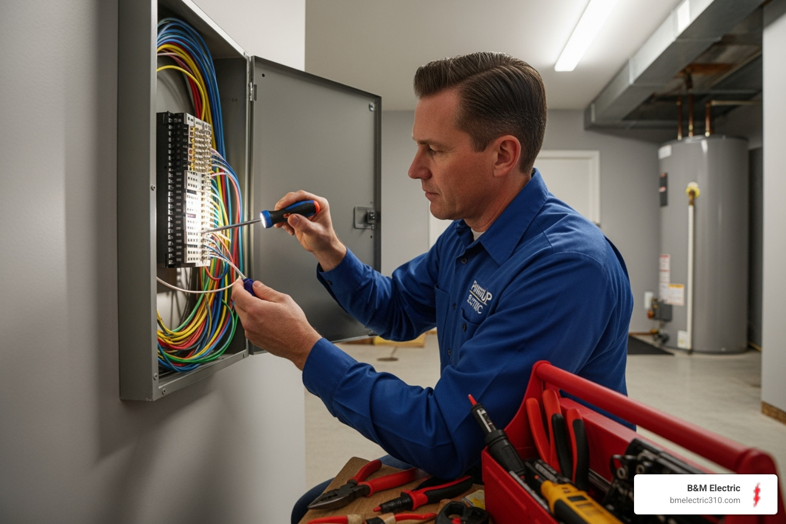 local electrician working on a residential electrical panel - solar electrical contractor torrance