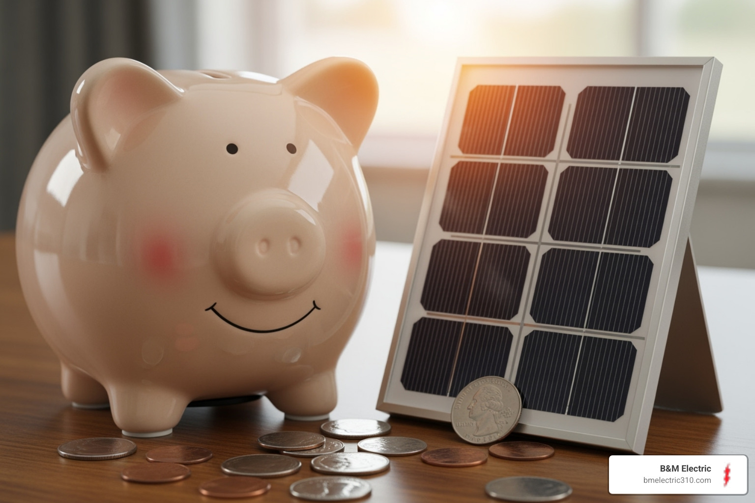 piggy bank next to a small solar panel - solar electrical contractor torrance