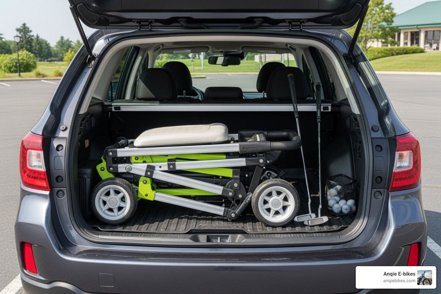 collapsible cart folded down to fit in the back of an SUV - Mini golf cart reviews