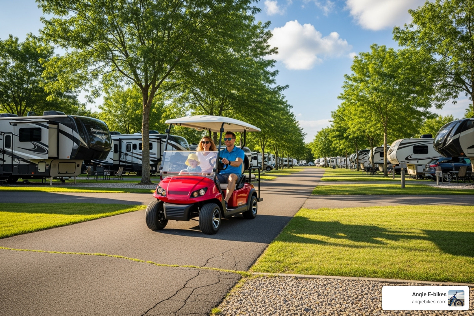 mini cart with rear seat being used at a large RV park - Mini golf cart reviews
