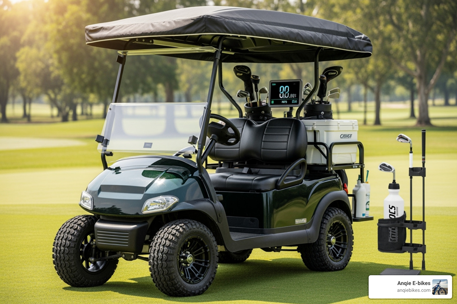 various mini golf cart accessories like a roof canopy, windshield, and all-terrain tires - Mini golf cart reviews