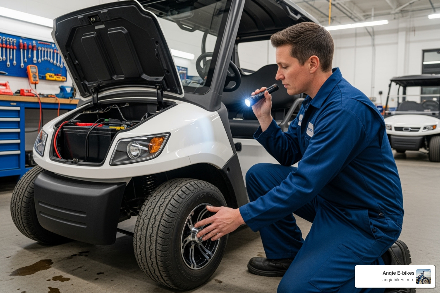 person inspecting battery and tires of a mini golf cart - Mini golf cart reviews