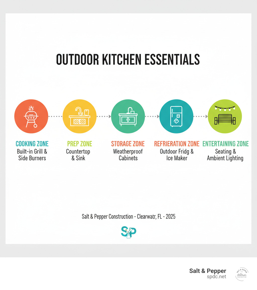 Infographic showing the essential components of a complete outdoor kitchen: cooking zone with built-in grill and side burners, prep zone with countertop space and sink with running water, storage zone with weatherproof cabinets and drawers, refrigeration zone with outdoor-rated fridge and ice maker, and entertaining zone with seating area and ambient lighting - outdoor kitchen clearwater fl infographic 
