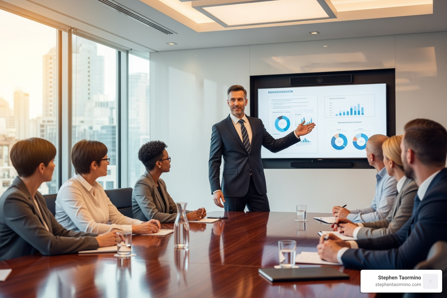 leader confidently presenting to a board room - Professional development for leaders