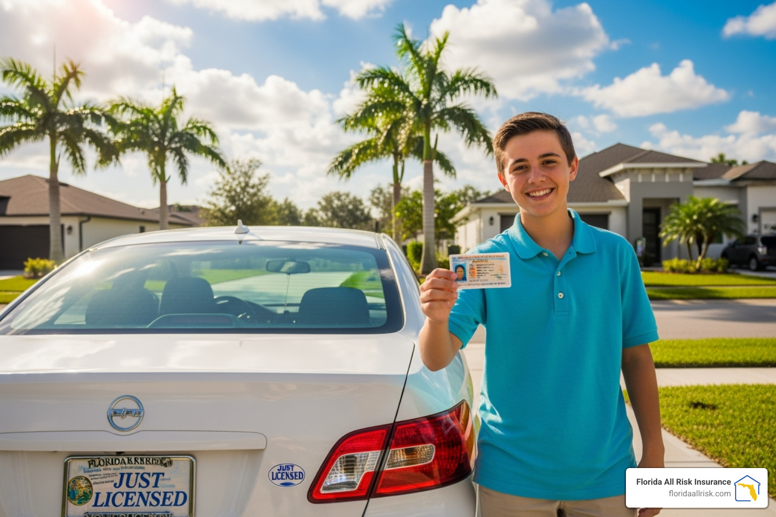 A smiling teenager holding a new driver's license next to a car. Metadata: "Teen driver, new license, Florida, car insurance, youth, safe driving, family policy, first car." - Florida lowest car insurance A smiling teenager holding a new driver's license next to a car. Metadata: "Teen driver, new license, Florida, car insurance, youth, safe driving, family policy, first car." - Florida lowest car insurance