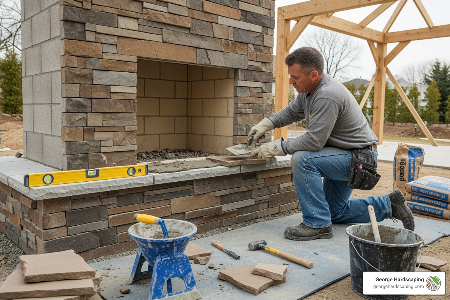 A professional mason applying stone veneer to a custom outdoor fireplace structure during installation - patio with fireplace