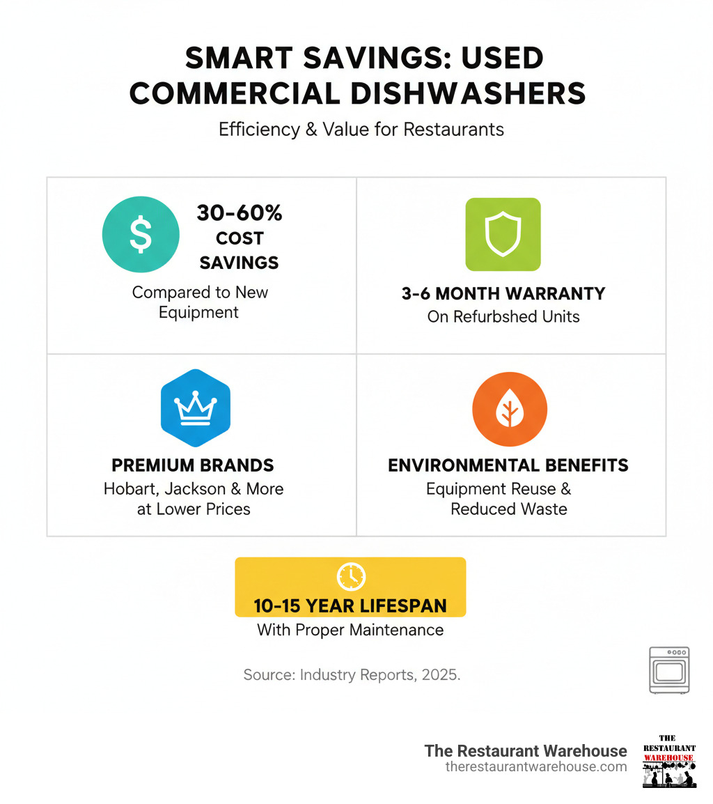 Infographic showing the key benefits of buying used commercial dishwashers: 30-60% cost savings compared to new, 3-6 month warranty on refurbished units, access to premium brands at lower prices, environmental benefits through machine reuse, and typical lifespan of 10-15 years with proper maintenance - second hand commercial dishwashers for sale infographic 