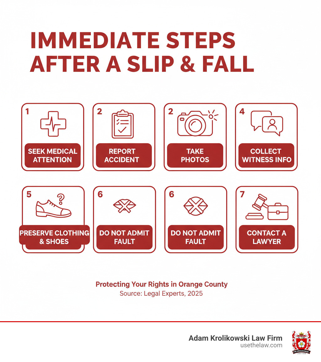 Infographic showing immediate steps after a slip and fall: 1. Seek medical attention immediately 2. Report the accident to property owner/manager 3. Take photos of hazard and injuries 4. Collect witness contact information 5. Preserve clothing and shoes worn 6. Do not admit fault or sign statements 7. Contact a slip and fall lawyer before speaking to insurance companies - slip and fall lawyer orange county infographic Infographic showing immediate steps after a slip and fall: 1. Seek medical attention immediately 2. Report the accident to property owner/manager 3. Take photos of hazard and injuries 4. Collect witness contact information 5. Preserve clothing and shoes worn 6. Do not admit fault or sign statements 7. Contact a slip and fall lawyer before speaking to insurance companies - slip and fall lawyer orange county infographic