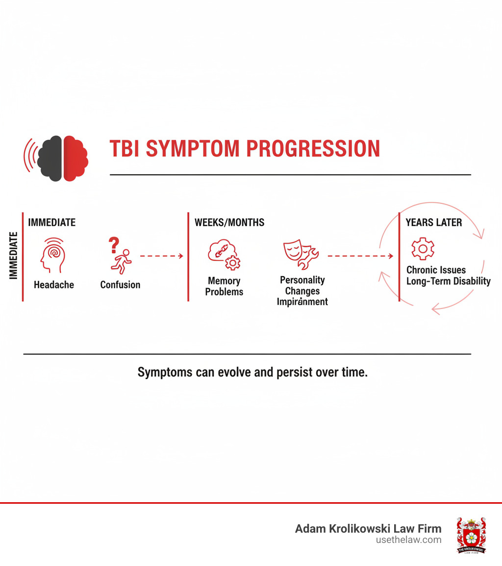 Infographic showing the progression of traumatic brain injury symptoms from immediate effects like headache, confusion, and dizziness to delayed symptoms appearing weeks or months later including memory problems, personality changes, and cognitive impairment, with a timeline showing symptoms can manifest years after the initial injury - brain injury lawsuit infographic Infographic showing the progression of traumatic brain injury symptoms from immediate effects like headache, confusion, and dizziness to delayed symptoms appearing weeks or months later including memory problems, personality changes, and cognitive impairment, with a timeline showing symptoms can manifest years after the initial injury - brain injury lawsuit infographic