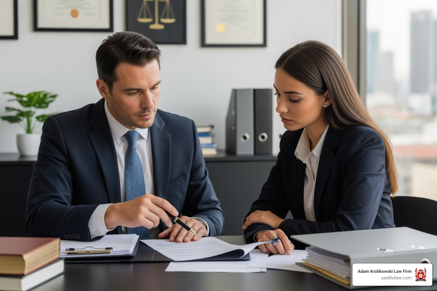 a lawyer reviewing documents with a client in an office setting - slip and fall lawyer orange county a lawyer reviewing documents with a client in an office setting - slip and fall lawyer orange county
