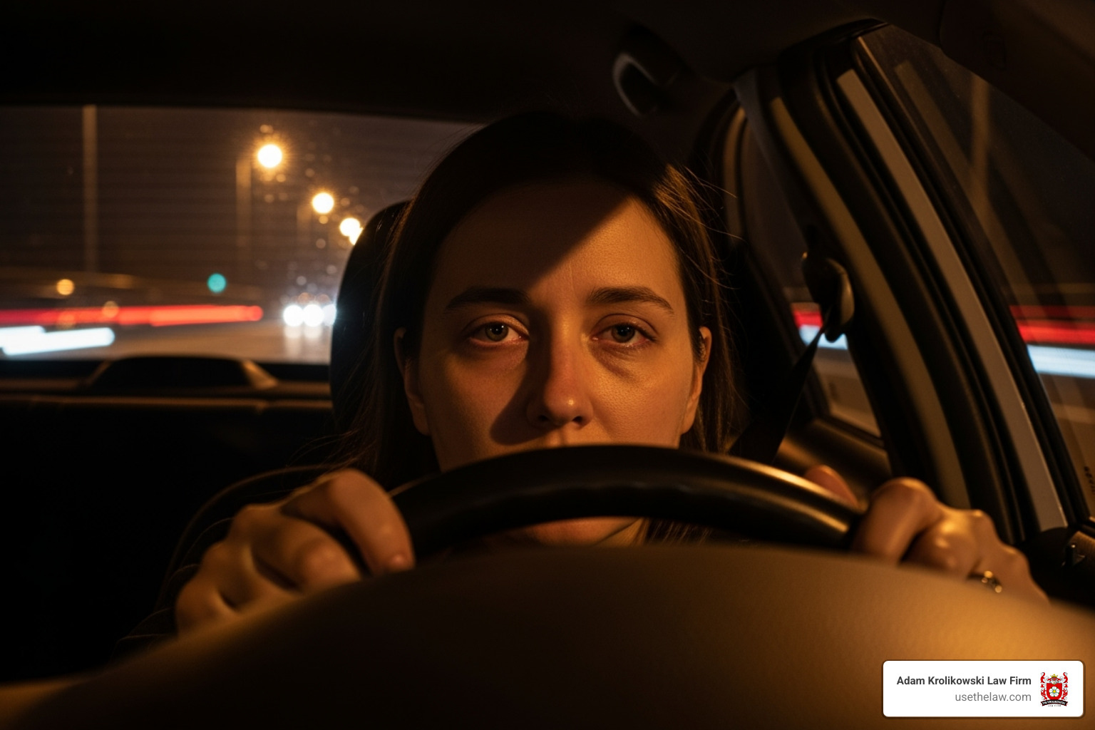 A tired-looking driver behind the wheel at night - uber accident statistics A tired-looking driver behind the wheel at night - uber accident statistics