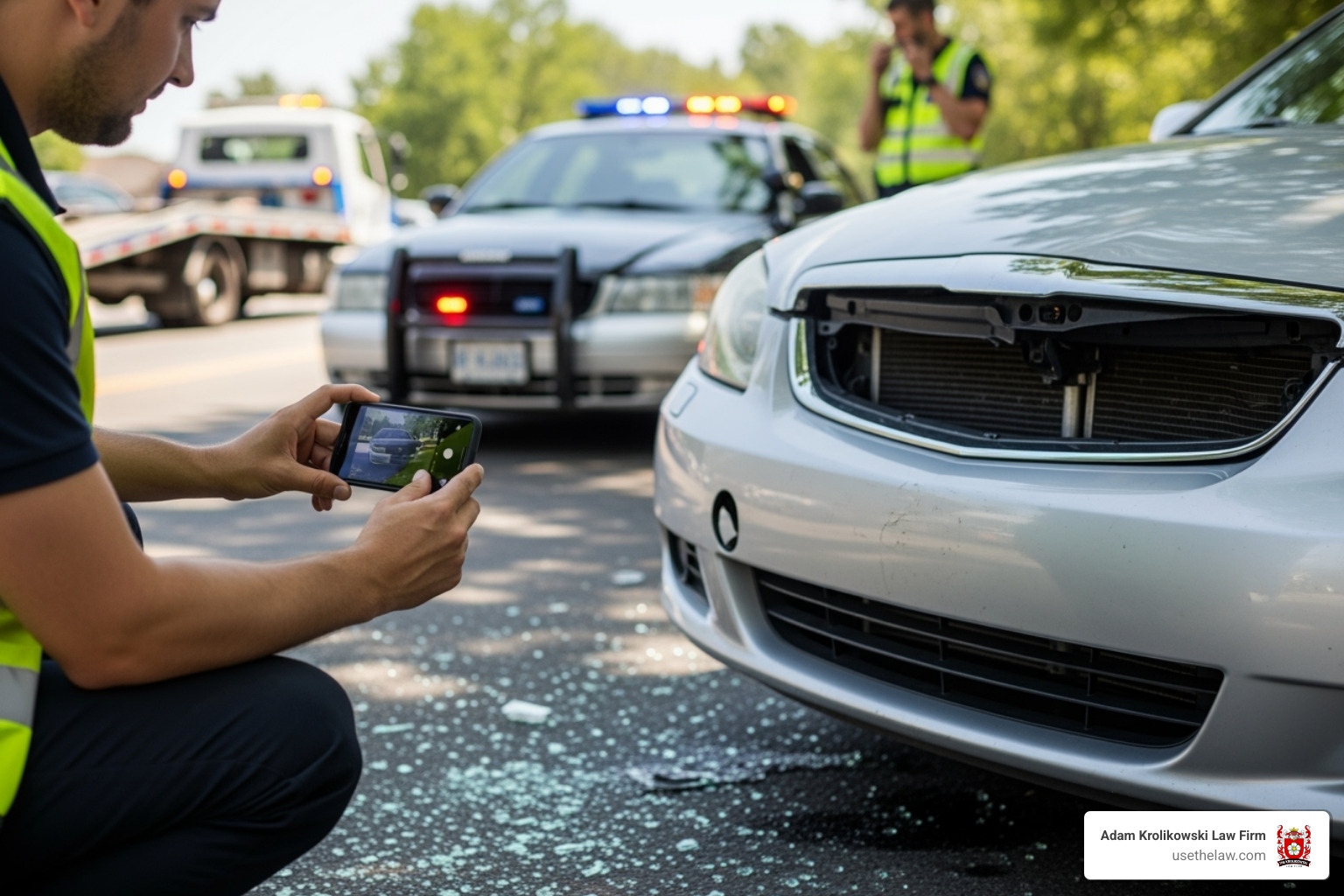A person using a smartphone to take pictures of damage at a car accident scene - lyft accident attorney near me A person using a smartphone to take pictures of damage at a car accident scene - lyft accident attorney near me