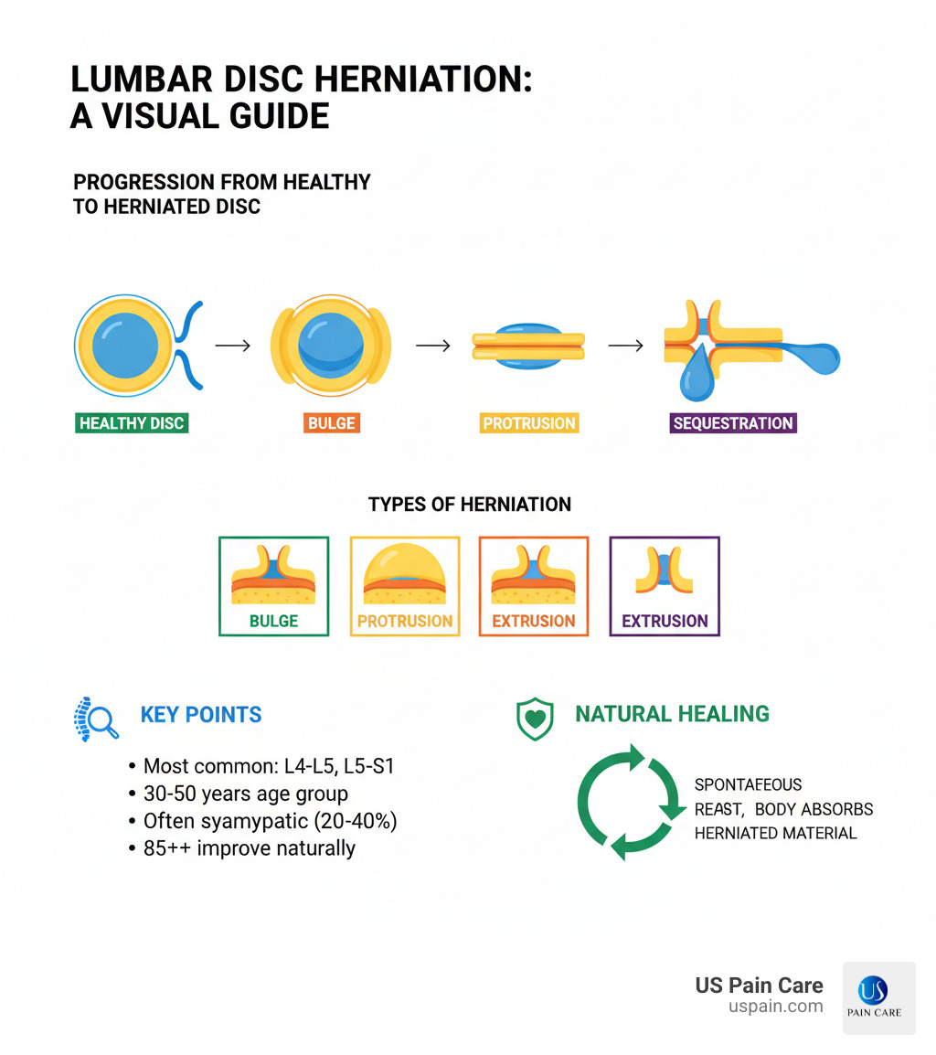 INFOGRAPHIC explaining the progression from a healthy disc to a herniated disc and the different types of herniation (bulge, protrusion, extrusion, sequestration). - lumbar disc herniation treatment guidelines infographic 