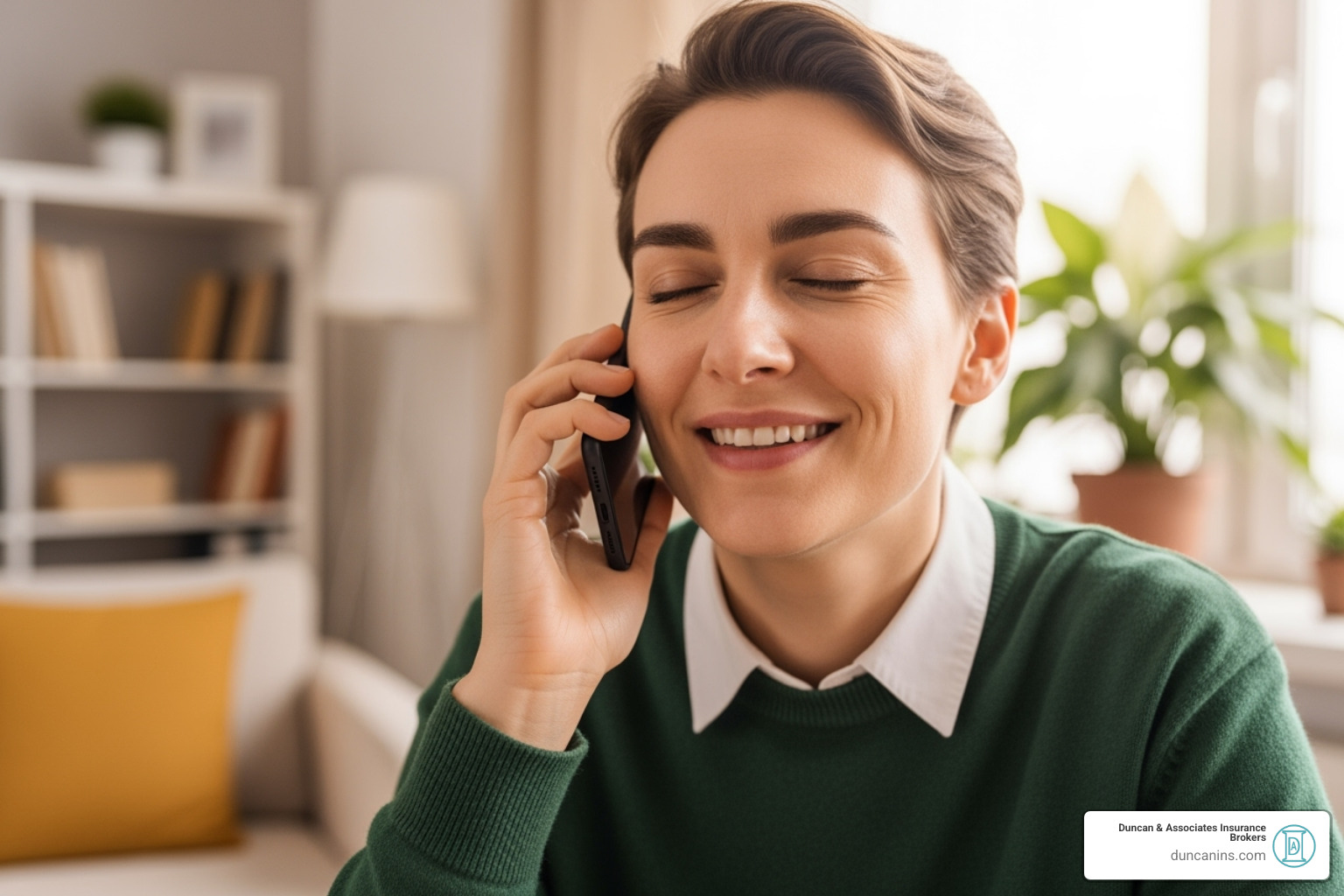 A person on the phone looking relieved and happy, symbolizing effective post-purchase support from their insurance broker - health ins brokers