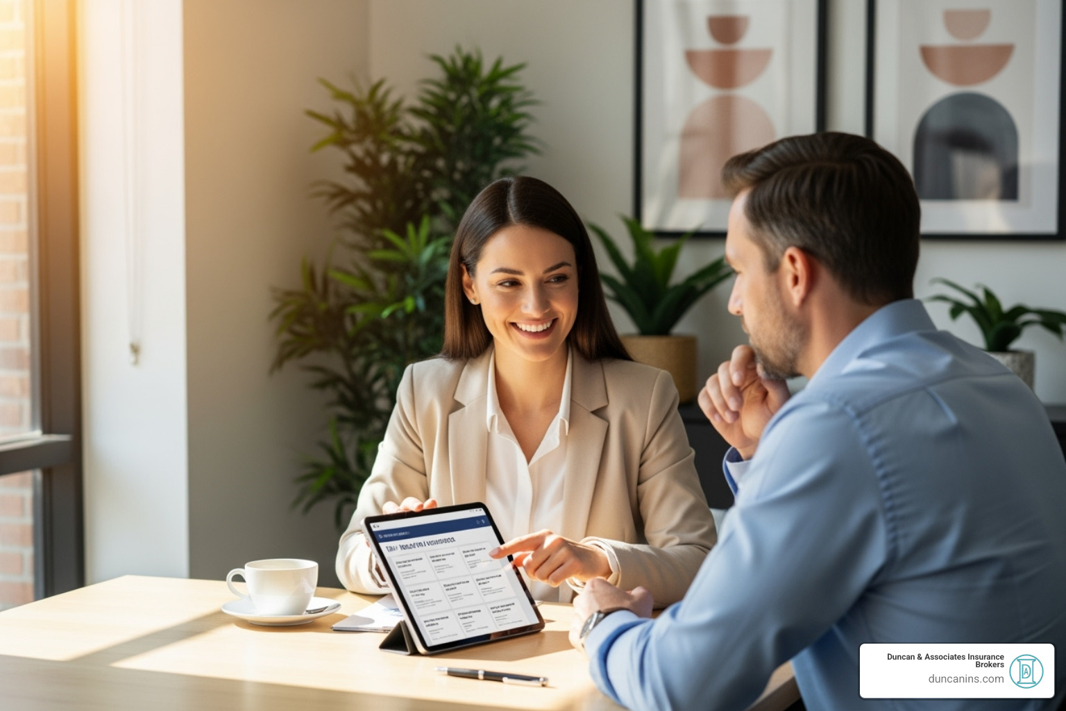 A health insurance broker and a client having a friendly consultation, discussing plan options on a tablet - health ins brokers