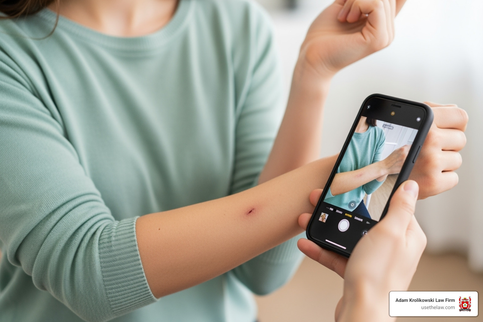 person photographing their own arm injury with a smartphone - Dog attack legal advice person photographing their own arm injury with a smartphone - Dog attack legal advice