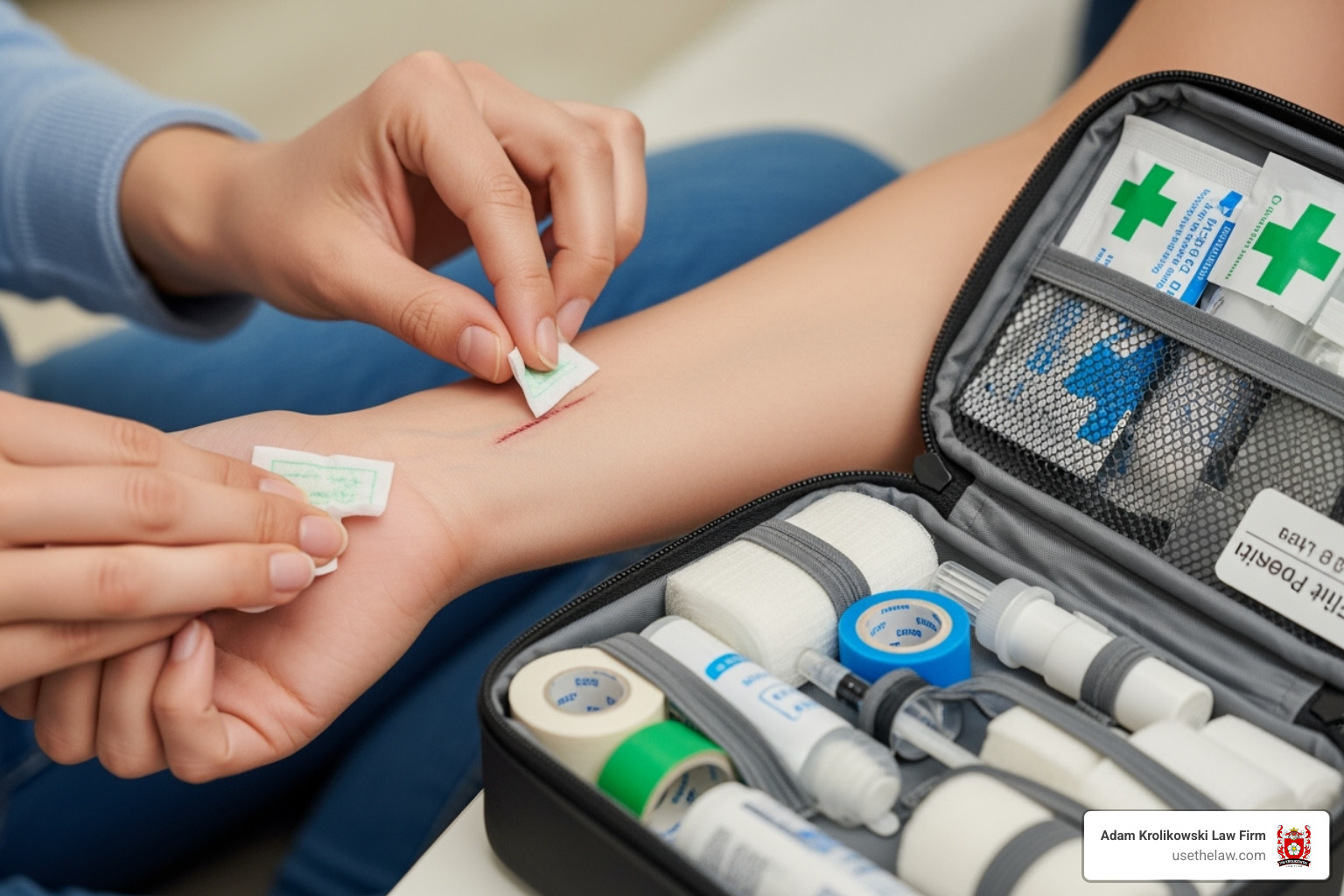 first aid kit being used on a minor scratch - Dog attack legal advice first aid kit being used on a minor scratch - Dog attack legal advice