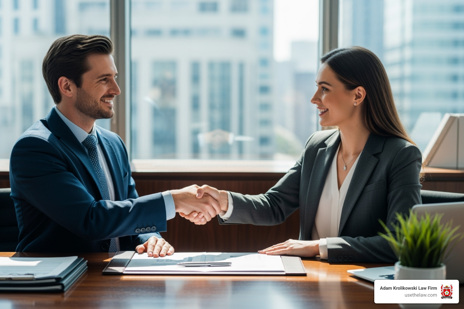 Confident person shaking hands with a legal professional - Wrongful termination lawyer Confident person shaking hands with a legal professional - Wrongful termination lawyer