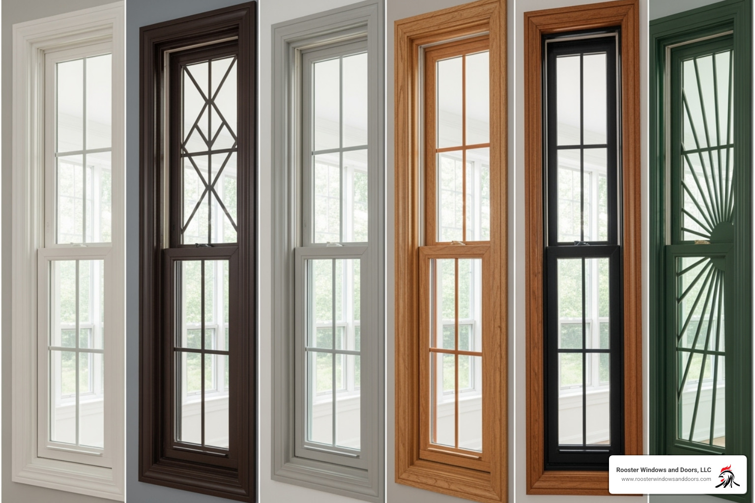 collage showing various double-hung windows with different grille patterns, colors, and hardware finishes - Double Hung Windows collage showing various double-hung windows with different grille patterns, colors, and hardware finishes - Double Hung Windows