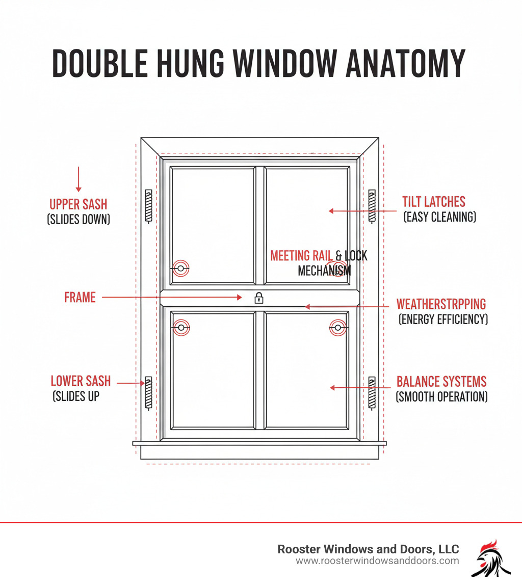 infographic showing the anatomy of a double hung window with labeled parts including upper sash that slides down, lower sash that slides up, frame, meeting rail with lock mechanism, tilt latches on both sashes for easy cleaning, weatherstripping for energy efficiency, and balance systems that allow smooth operation - Double Hung Windows infographic infographic showing the anatomy of a double hung window with labeled parts including upper sash that slides down, lower sash that slides up, frame, meeting rail with lock mechanism, tilt latches on both sashes for easy cleaning, weatherstripping for energy efficiency, and balance systems that allow smooth operation - Double Hung Windows infographic