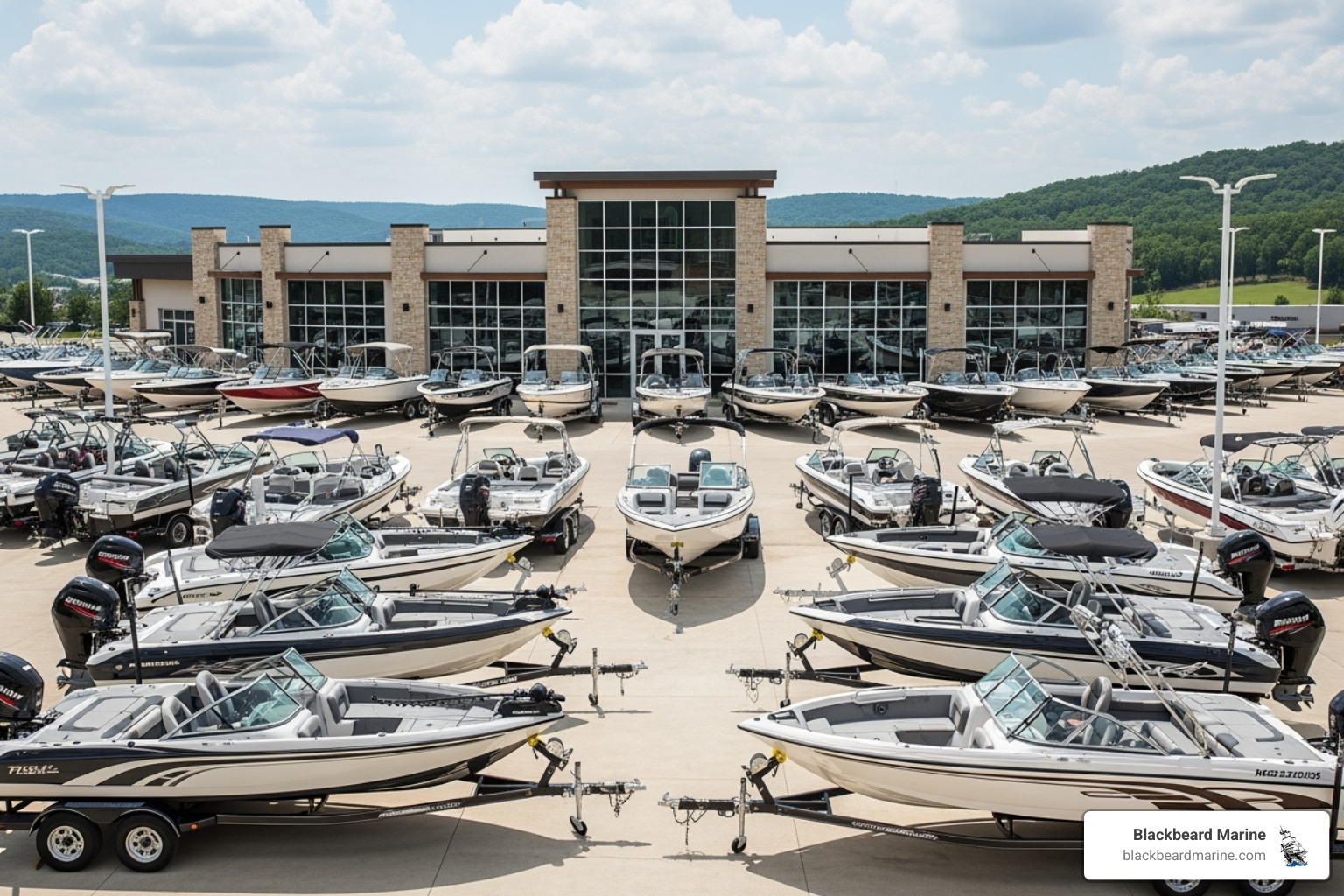 Exterior of Blackbeard Marine dealership in Branson, Missouri, with a variety of boats on display - fish and ski boats for sale in missouri Exterior of Blackbeard Marine dealership in Branson, Missouri, with a variety of boats on display - fish and ski boats for sale in missouri