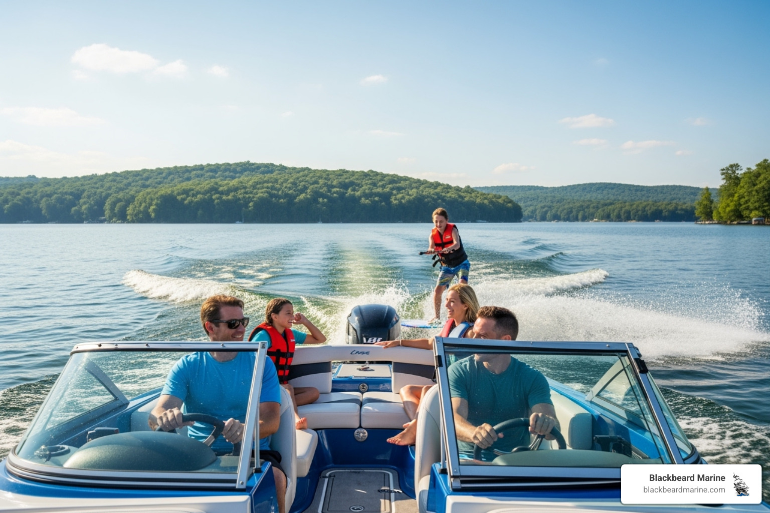 A Lowe FS series boat with family on board, enjoying watersports on a sunny lake - fish and ski boats for sale in missouri A Lowe FS series boat with family on board, enjoying watersports on a sunny lake - fish and ski boats for sale in missouri