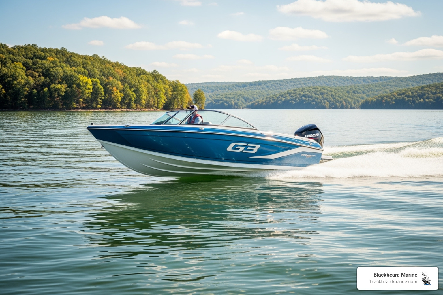 A G3 boat gracefully moving across the water, with a scenic Missouri lake in the background - fish and ski boats for sale in missouri A G3 boat gracefully moving across the water, with a scenic Missouri lake in the background - fish and ski boats for sale in missouri