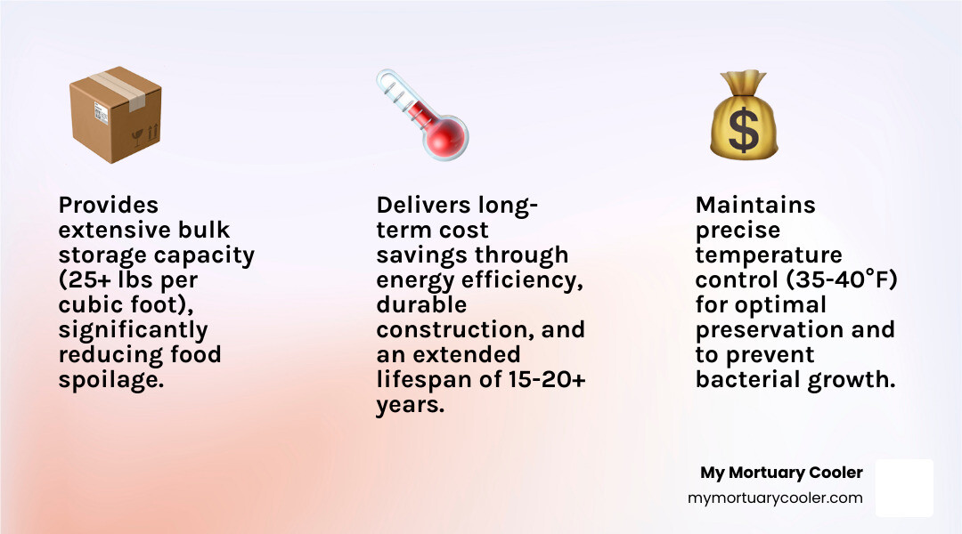 Infographic showing commercial walk-in cooler benefits: bulk storage capacity of 25+ lbs per cubic foot, temperature control between 35-40°F preventing bacterial growth, energy efficiency with insulated panels and vapor-tight seals reducing operating costs, extended product lifespan of several weeks, durable construction lasting 15-20+ years, and compliance with FDA and OSHA safety standards - commercial walk in cooler infographic 3_facts_emoji_light-gradient