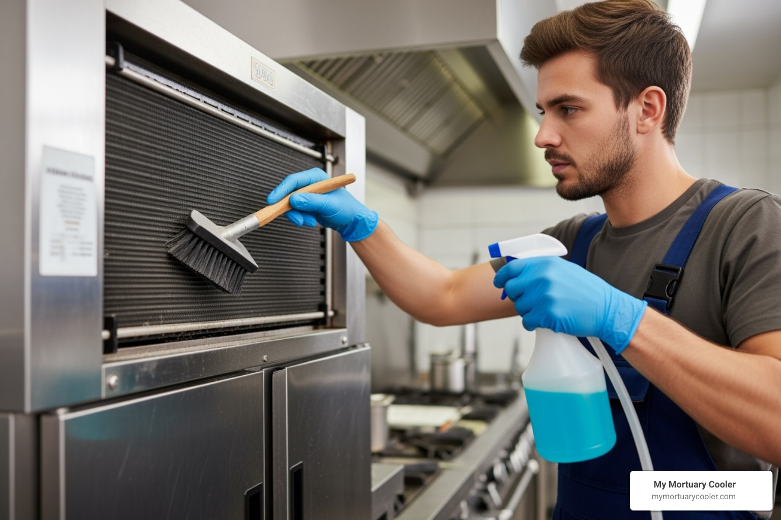 technician cleaning the condenser coils on a refrigeration unit - commercial walk in cooler