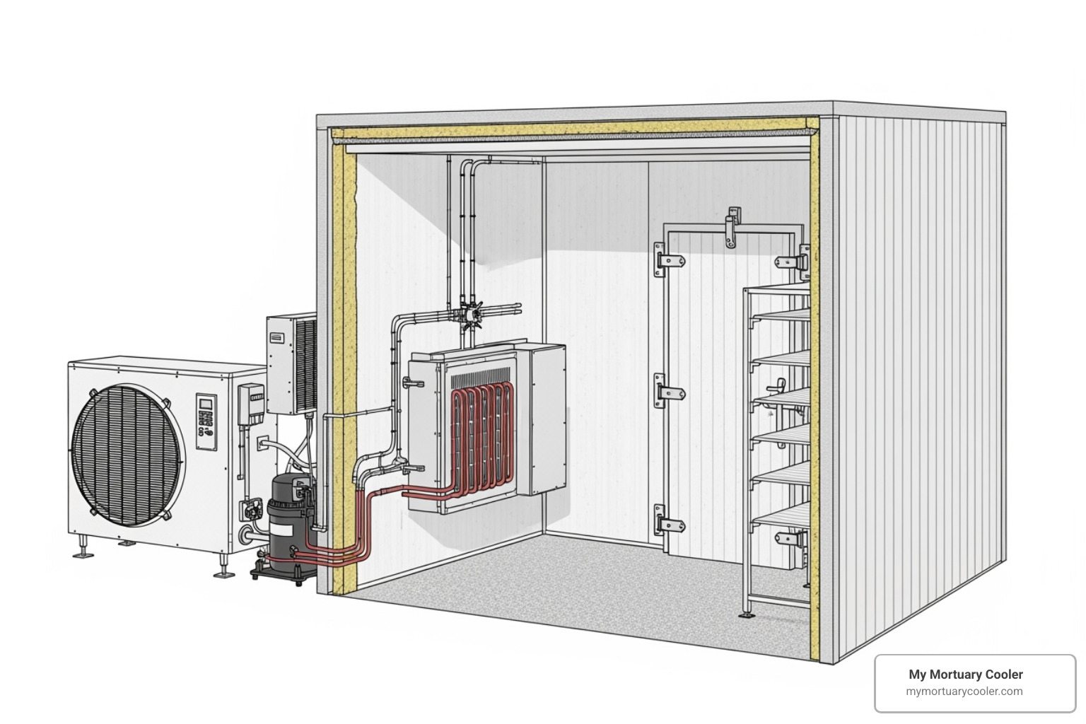 diagram showing the primary components of a walk-in cooler system - commercial walk in cooler
