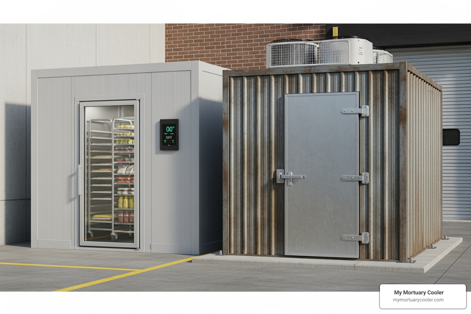 prefabricated indoor cooler next to a durable outdoor walk-in unit - commercial walk in cooler