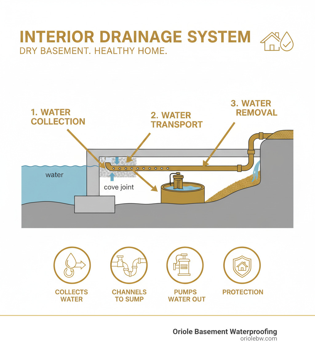 infographic showing cross-section of basement with interior drainage system collecting water at cove joint, channeling to sump pump, and discharge line directing water away from foundation - interior drainage systems infographic infographic showing cross-section of basement with interior drainage system collecting water at cove joint, channeling to sump pump, and discharge line directing water away from foundation - interior drainage systems infographic