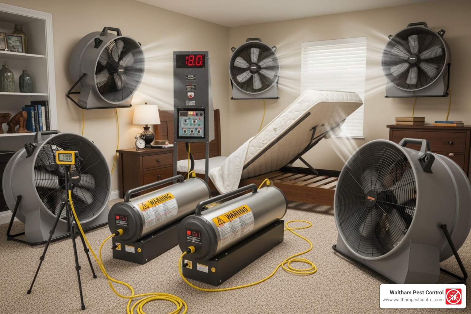 Professional heat treatment equipment in a room - what happens when an exterminator comes for bed bugs