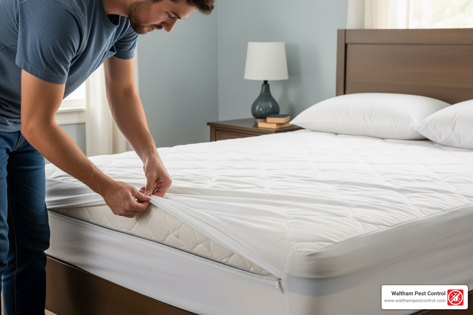 Bed bug-proof mattress encasement being installed - what happens when an exterminator comes for bed bugs