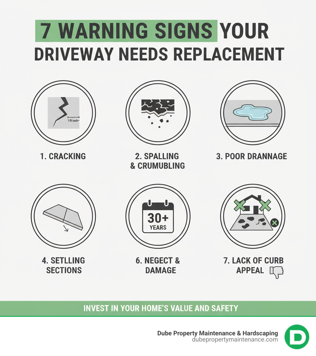 Infographic showing seven key warning signs that indicate a concrete driveway needs to be replaced: significant cracking wider than 1/8 inch, badly spalled or crumbling surface, poor drainage with standing water, sinking or settling sections, age over 30 years, visible signs of neglect with stains and damage, and lack of curb appeal that detracts from home value - how to replace concrete driveway infographic 