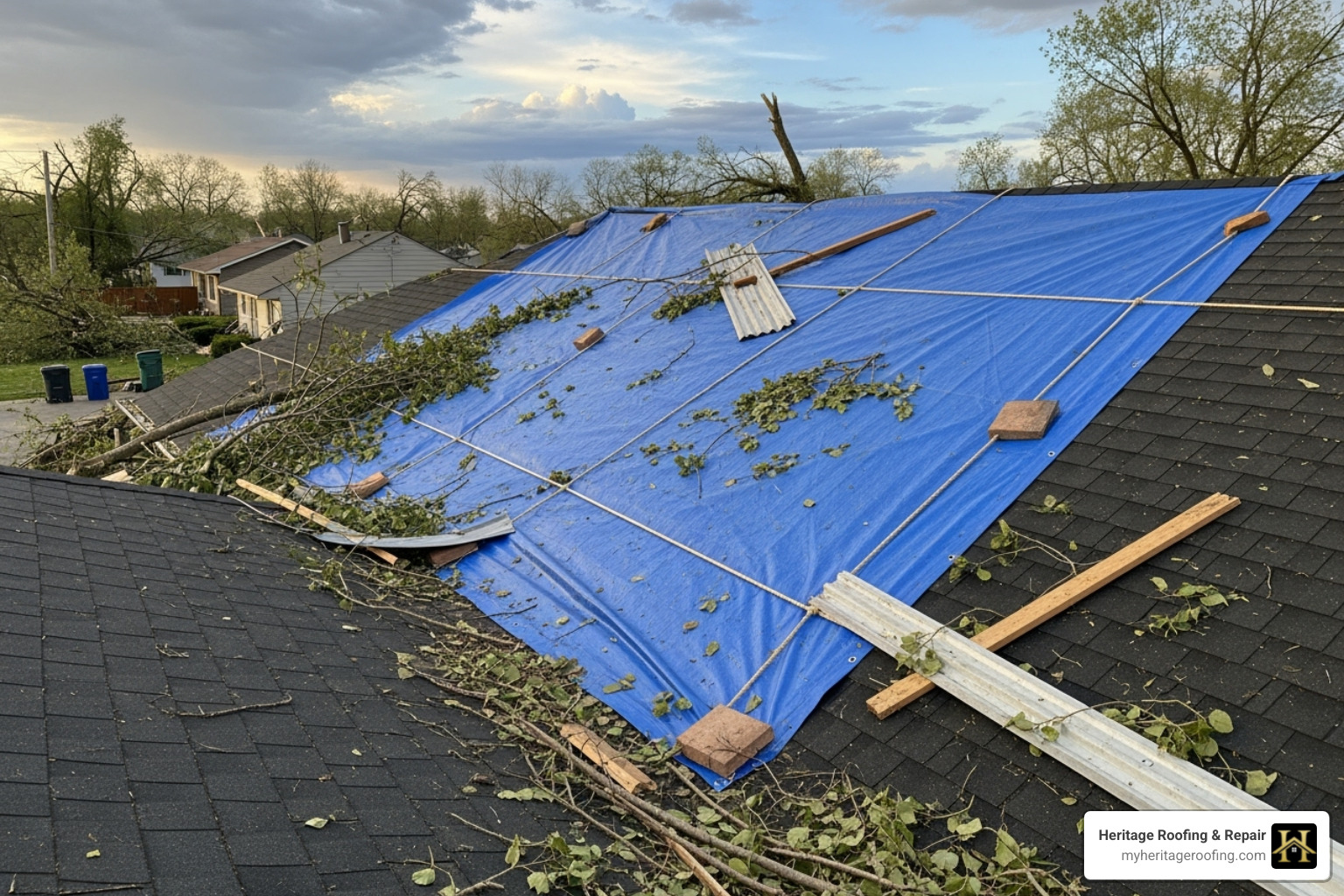 damaged roof being covered with blue tarp - wind damage roof damaged roof being covered with blue tarp - wind damage roof