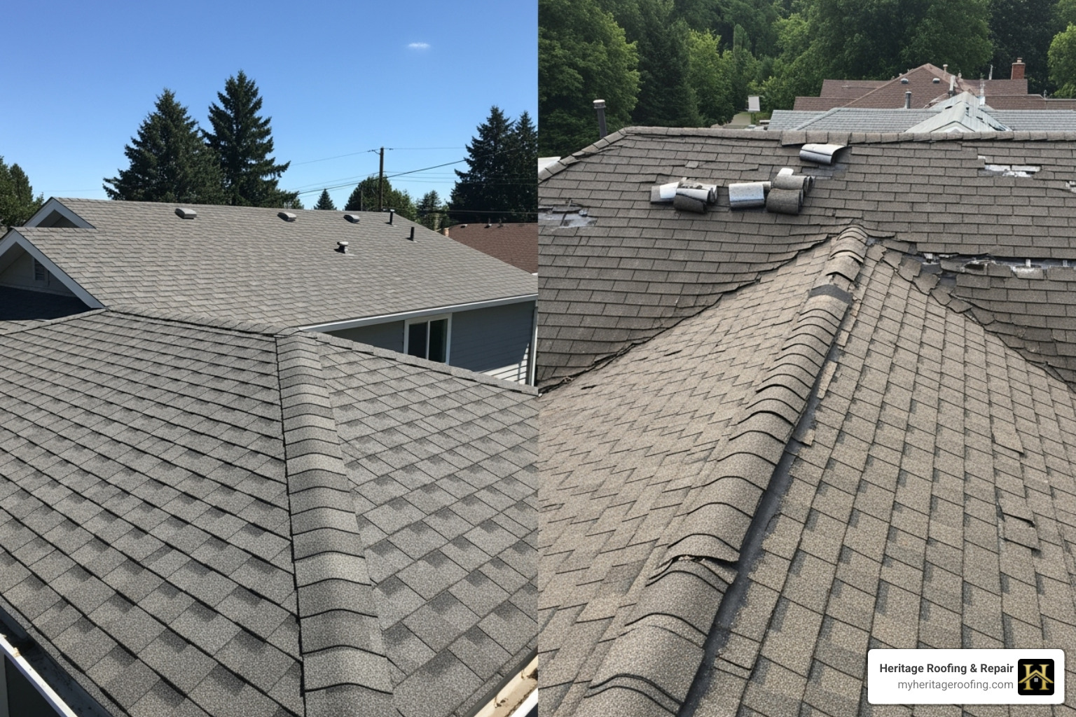 well-maintained roof vs. aged roof - wind damage roof well-maintained roof vs. aged roof - wind damage roof