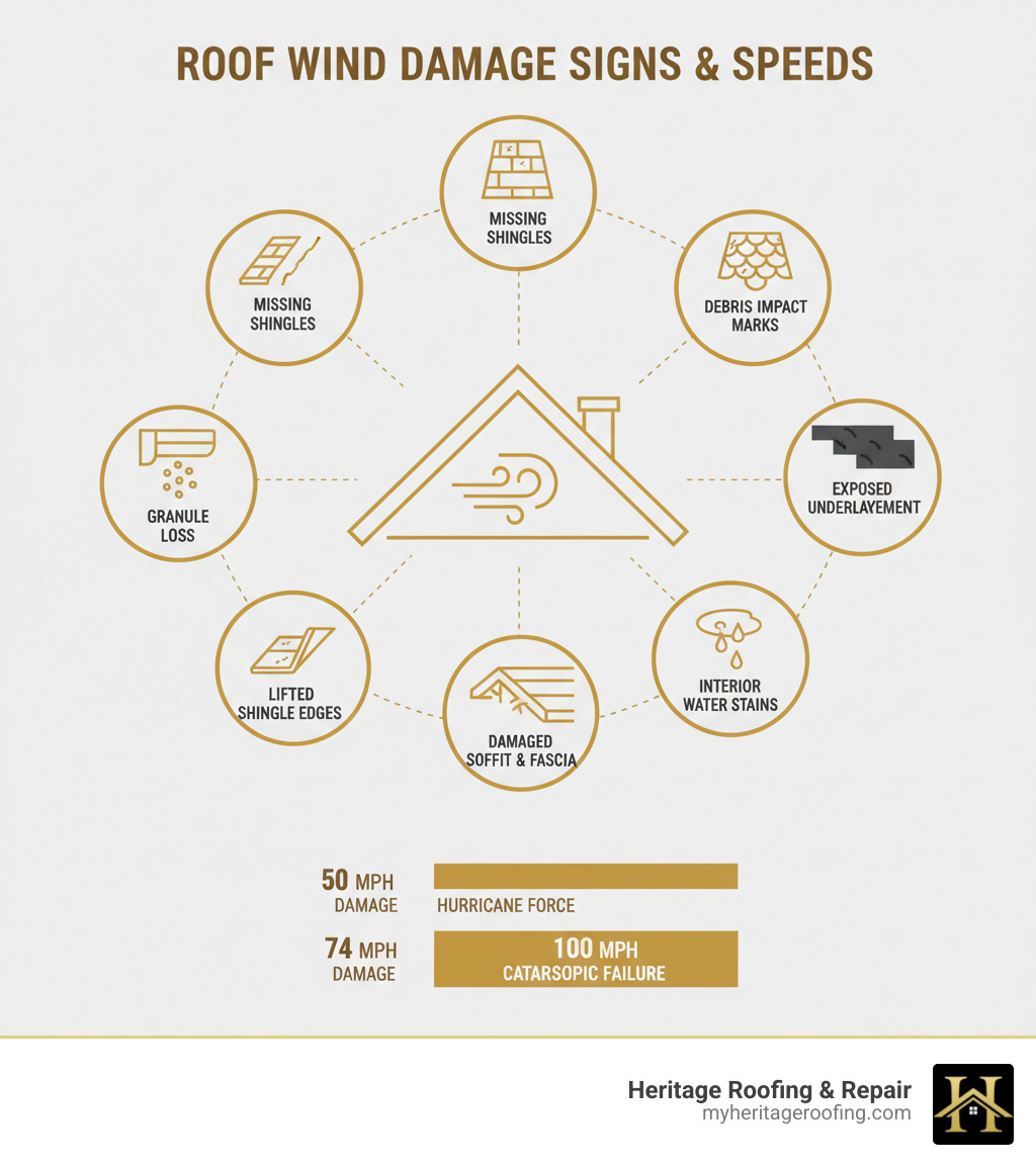 infographic showing seven signs of roof wind damage including missing shingles, granule loss in gutters, lifted shingle edges, damaged soffit and fascia, interior water stains, exposed underlayment, and debris impact marks with wind speed thresholds of 50 mph for minor damage, 74 mph for hurricane force, and 100 mph for catastrophic failure - wind damage roof infographic infographic showing seven signs of roof wind damage including missing shingles, granule loss in gutters, lifted shingle edges, damaged soffit and fascia, interior water stains, exposed underlayment, and debris impact marks with wind speed thresholds of 50 mph for minor damage, 74 mph for hurricane force, and 100 mph for catastrophic failure - wind damage roof infographic
