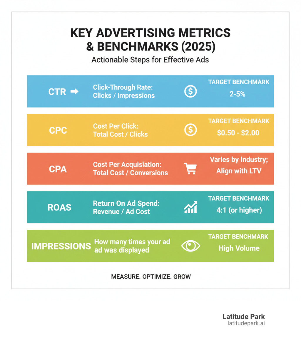Infographic showing a table comparing key advertising metrics: CTR, CPC, CPA, ROAS, and their definitions, along with target benchmarks for each - how to advertise infographic  Infographic showing a table comparing key advertising metrics: CTR, CPC, CPA, ROAS, and their definitions, along with target benchmarks for each - how to advertise infographic