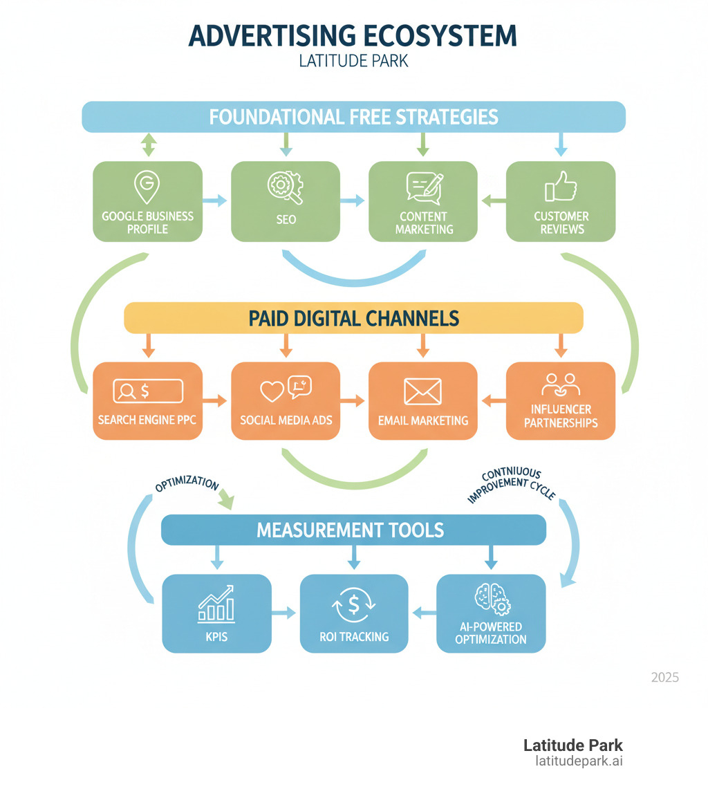 Infographic showing the complete advertising ecosystem: at the top, foundational free strategies including Google Business Profile, SEO, content marketing, and customer reviews; in the middle, paid digital channels including search engine PPC, social media ads, email marketing, and influencer partnerships; at the bottom, measurement tools showing KPIs, ROI tracking, and AI-powered optimization, all connected by arrows indicating a continuous improvement cycle - how to advertise infographic  Infographic showing the complete advertising ecosystem: at the top, foundational free strategies including Google Business Profile, SEO, content marketing, and customer reviews; in the middle, paid digital channels including search engine PPC, social media ads, email marketing, and influencer partnerships; at the bottom, measurement tools showing KPIs, ROI tracking, and AI-powered optimization, all connected by arrows indicating a continuous improvement cycle - how to advertise infographic
