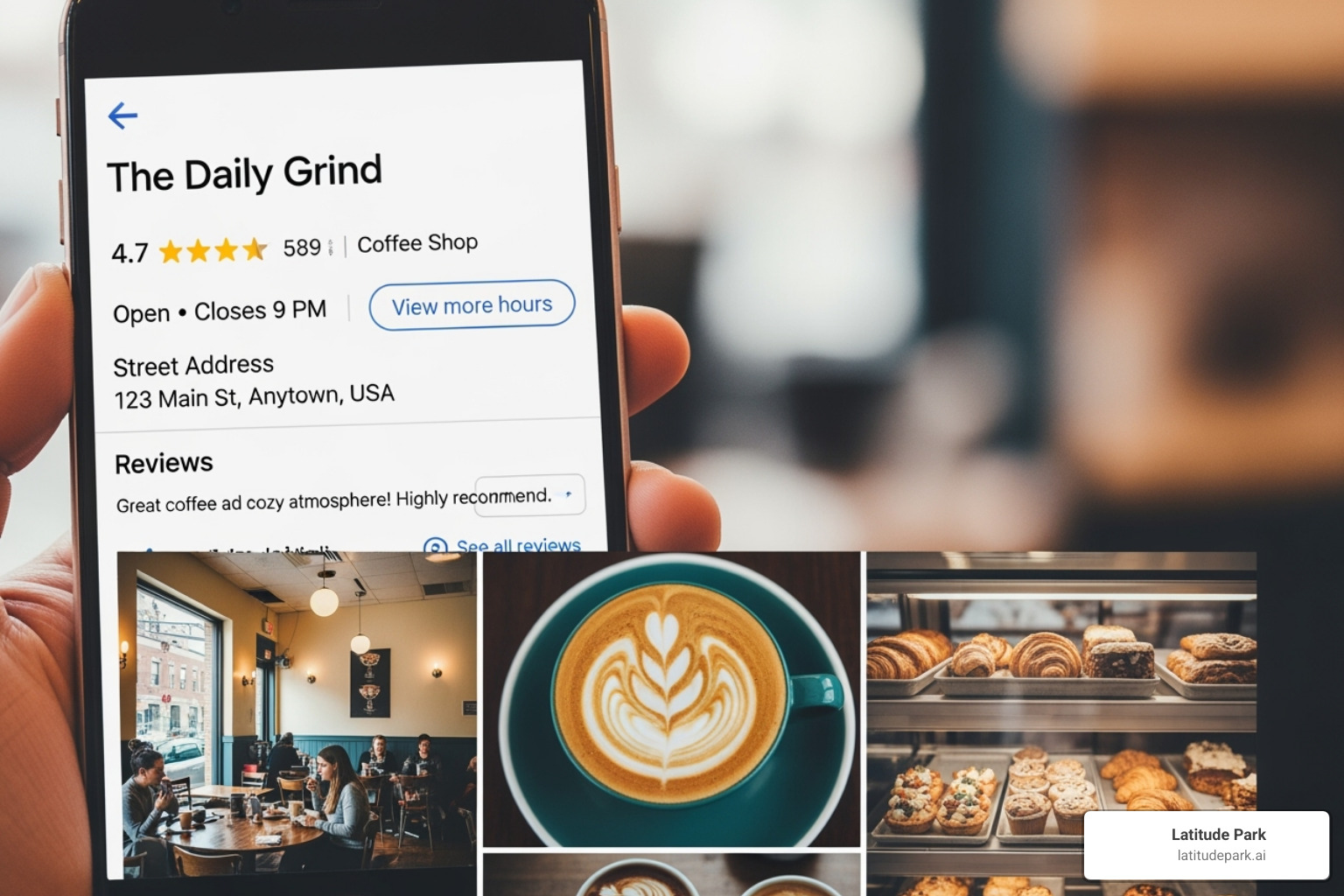 A smartphone displaying a well-optimized Google Business Profile listing for a local coffee shop, showing hours, address, reviews, and photos - how to advertise A smartphone displaying a well-optimized Google Business Profile listing for a local coffee shop, showing hours, address, reviews, and photos - how to advertise